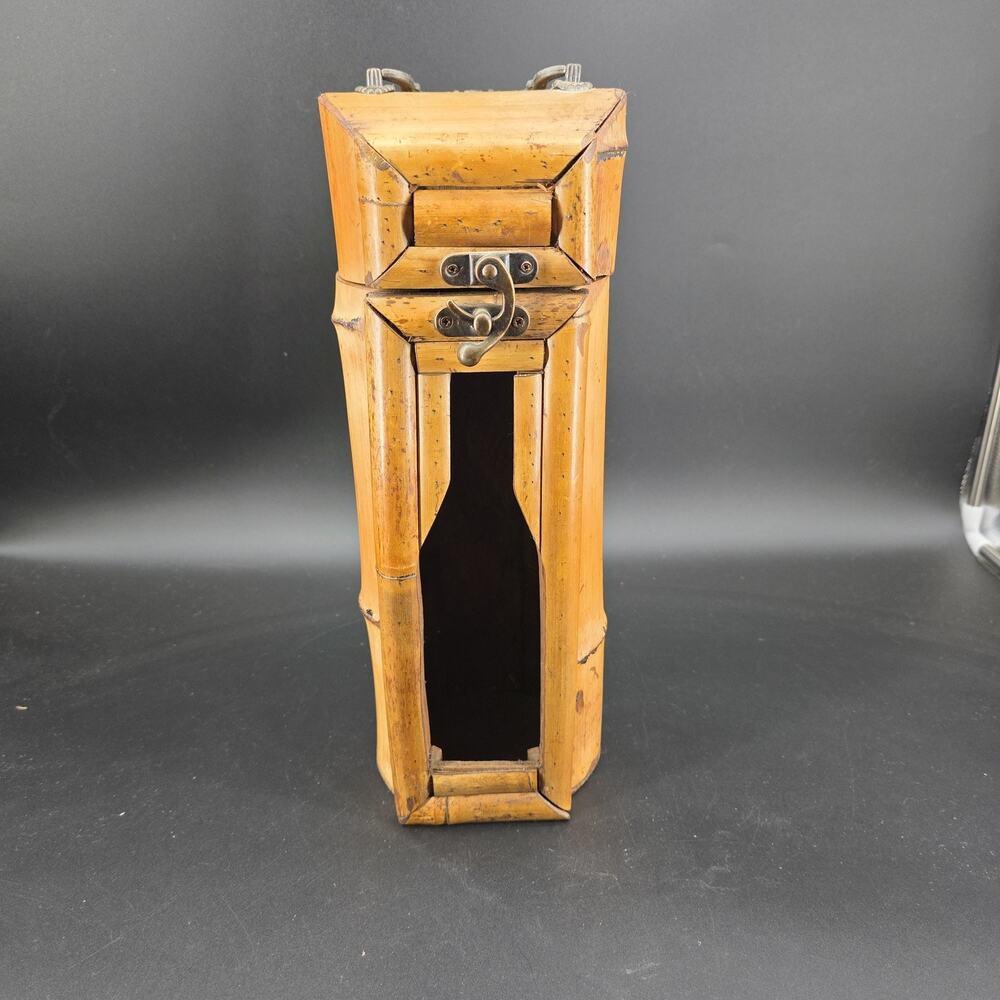 Style Bamboo Wine Bottle Carrier Box w/ Handle Latch Gift Storage
